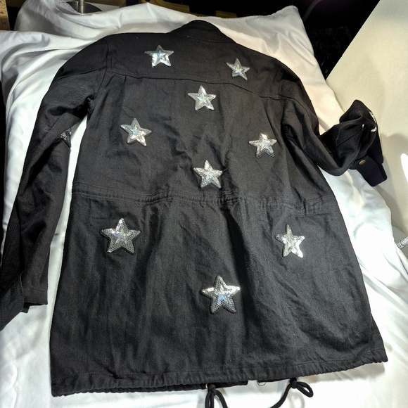 Buddy Love Black Sequin Star Military Utility Jacket Cotton Canvas Parker Cargo - Picture 6 of 13